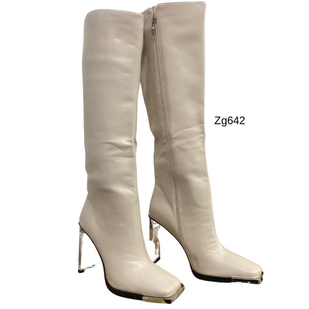 Bota caña alta beige punta plateado tacon 10cm K104 C-80